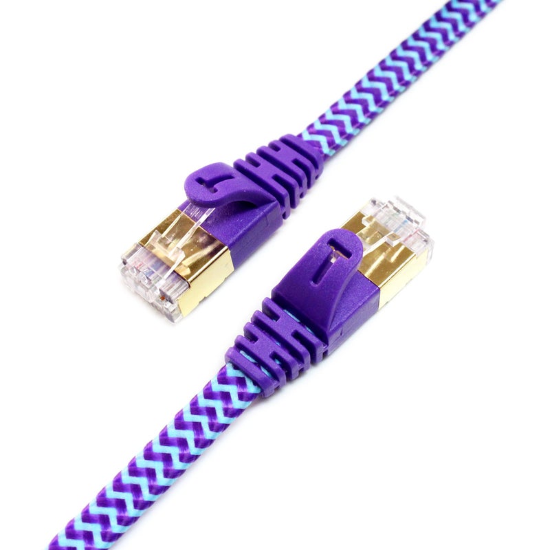 Tera Grand - 3FT - CAT7 10 Gigabit Ethernet Ultra Flat Patch Cable for Modem Router LAN Network - Braided Jacket, Gold Plated Shielded RJ45 Connectors, Purple & Blue - Image 1